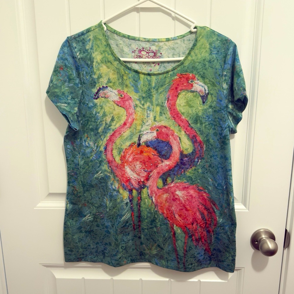 Leoma Lovegrove Women's Green Pink Flamingo Animal Print Rhinestone Tee M